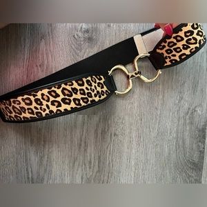 Chico’s Black Brown Leather Leopard Calf Hair Interlocking Stretch Belt Sz M
